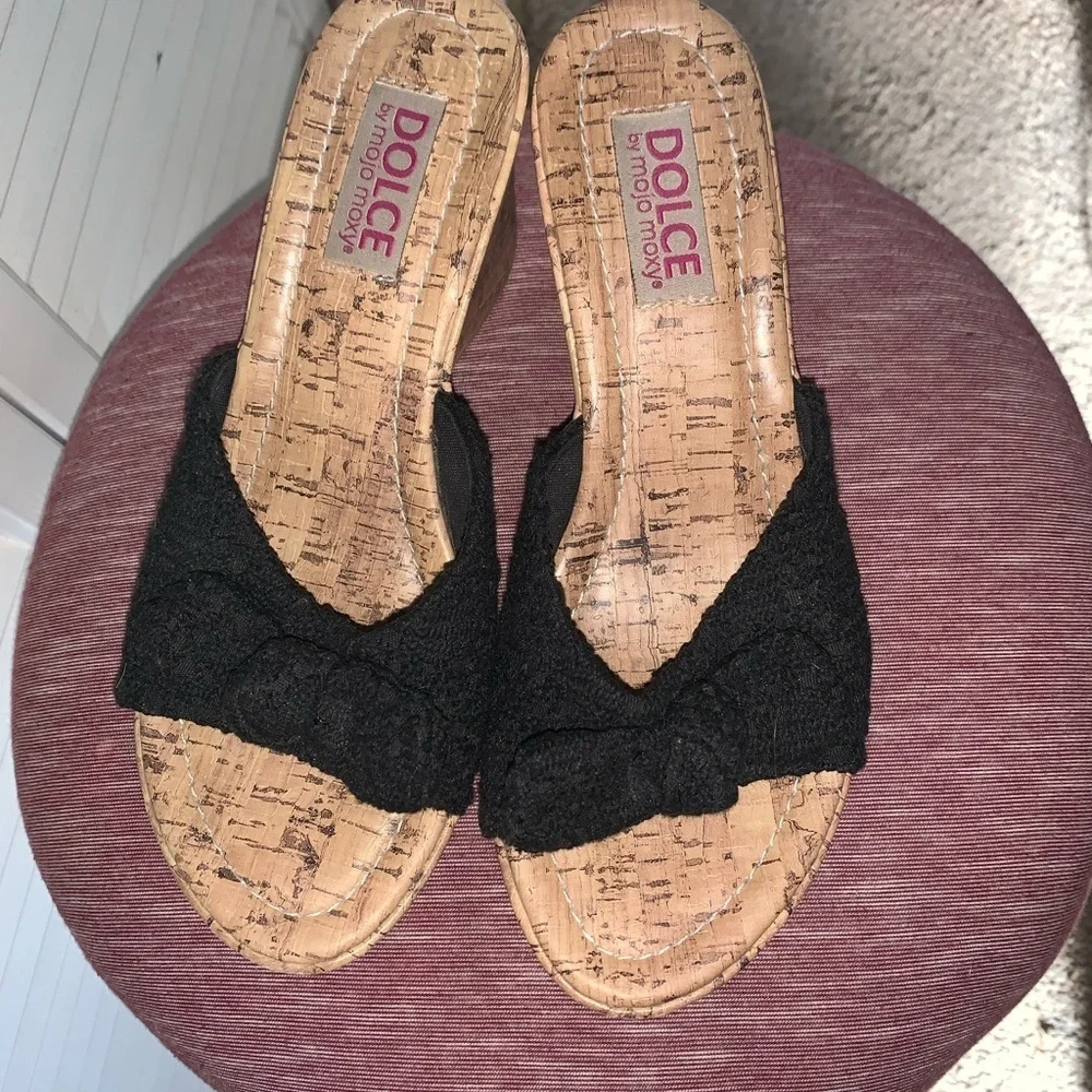 Dolce by Mojo Moxy “The Piper” Wedge Sandals Black and Cork 8.5 - Picture 8 of 8